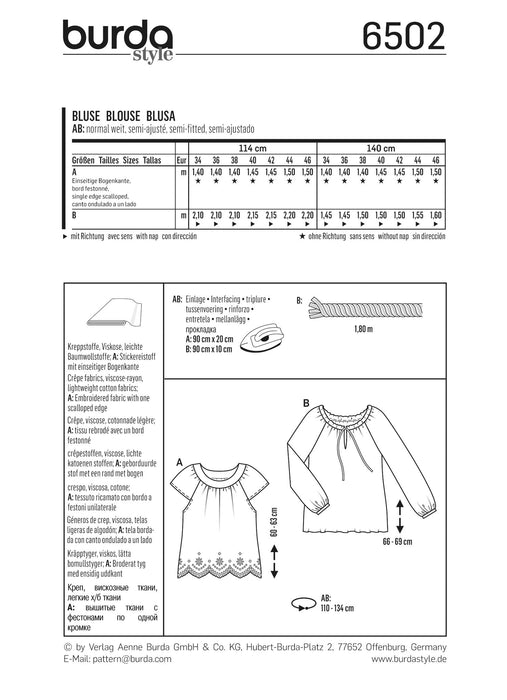 Burda Style Pattern BD6502 Misses’  Peasant Blouses from Jaycotts Sewing Supplies