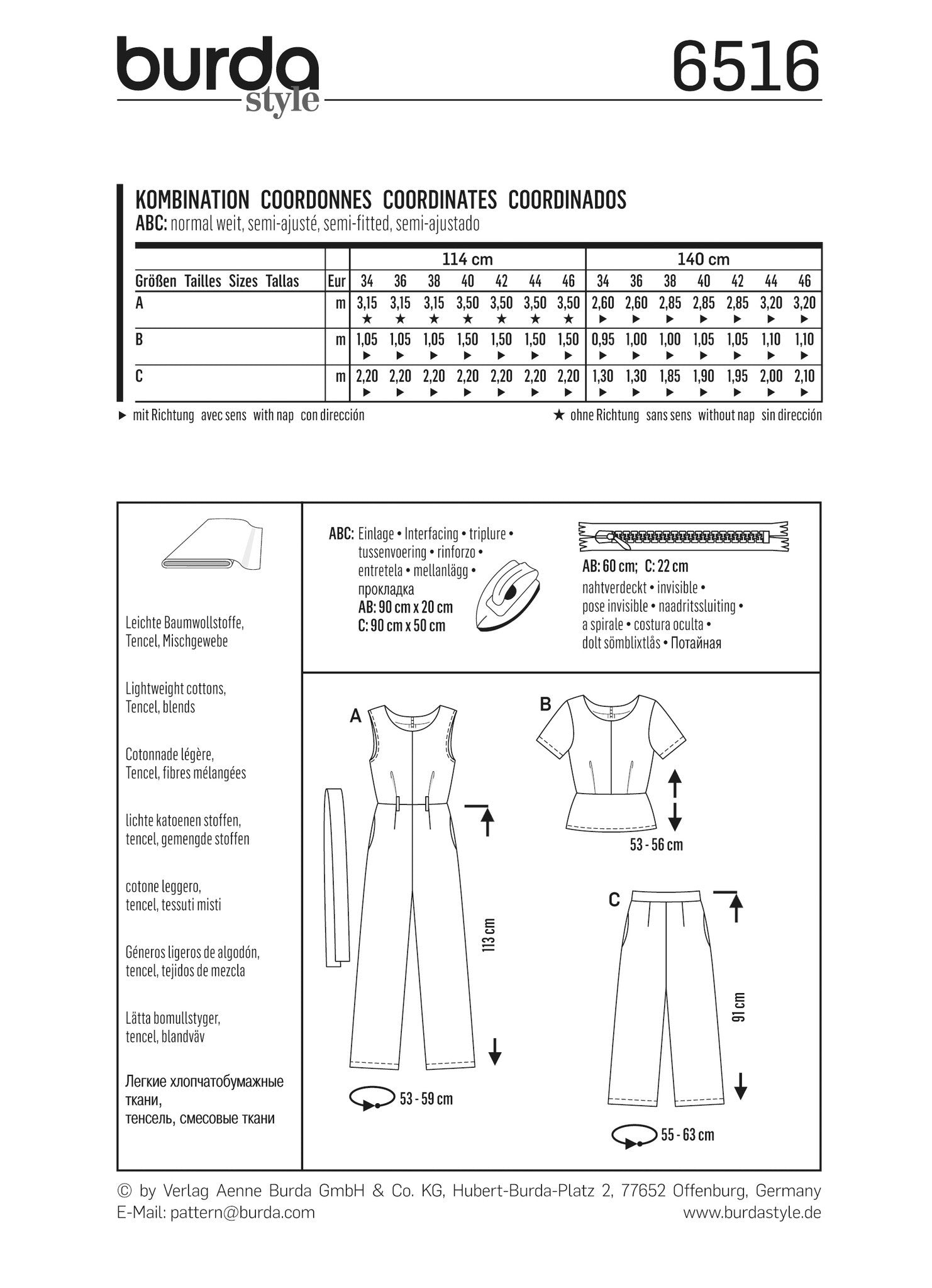 Burda Style Pattern BD6516 Misses' Coordinates from Jaycotts Sewing Supplies