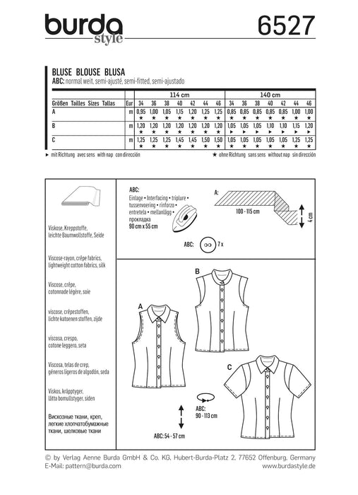 Burda Style Pattern BD6527 Misses’ Stand Collar Blouse from Jaycotts Sewing Supplies