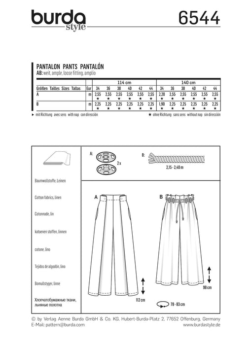 Burda Style Pattern BD6544 Misses' Pants from Jaycotts Sewing Supplies