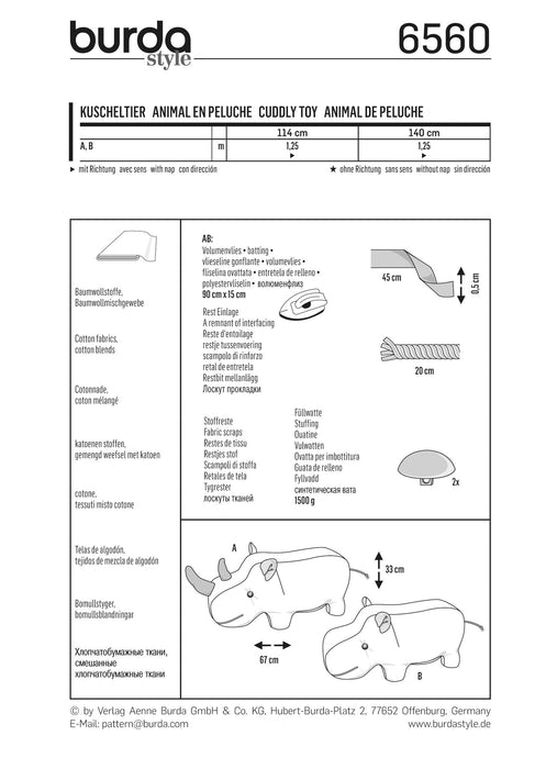 Burda Style Pattern BD6560 Stuffed Hippo or Rhino from Jaycotts Sewing Supplies