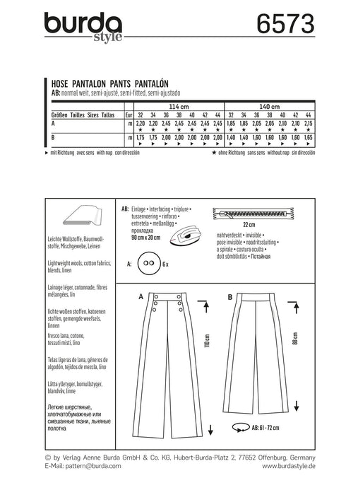 BD6573 Burda Style Pattern 6573 Trousers from Jaycotts Sewing Supplies