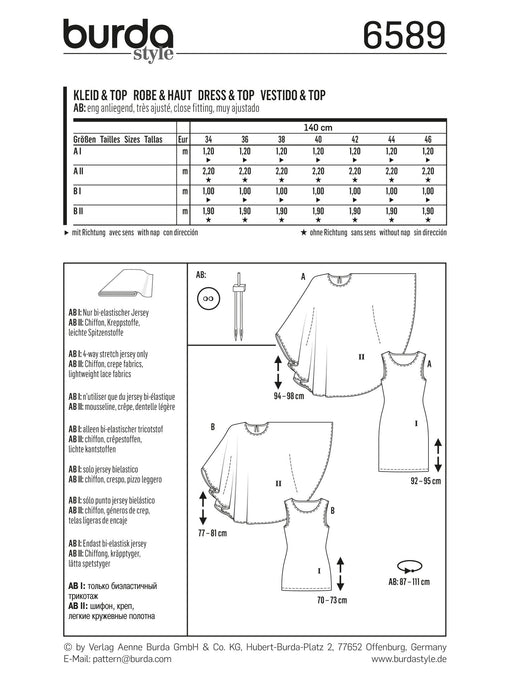 BD6589 Burda Style Pattern 6589 Dress & Top from Jaycotts Sewing Supplies