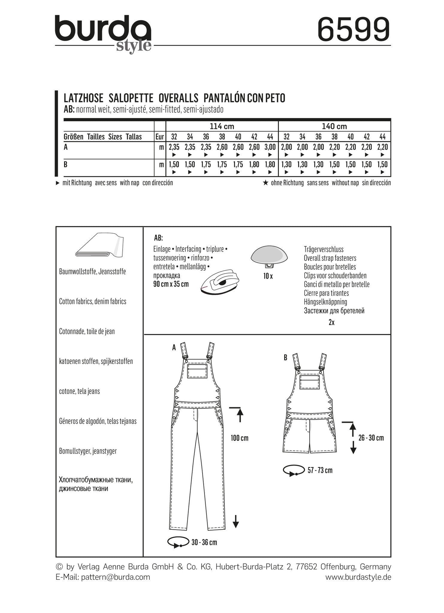 BD6599 Burda Style Pattern 6599 Dungarees from Jaycotts Sewing Supplies
