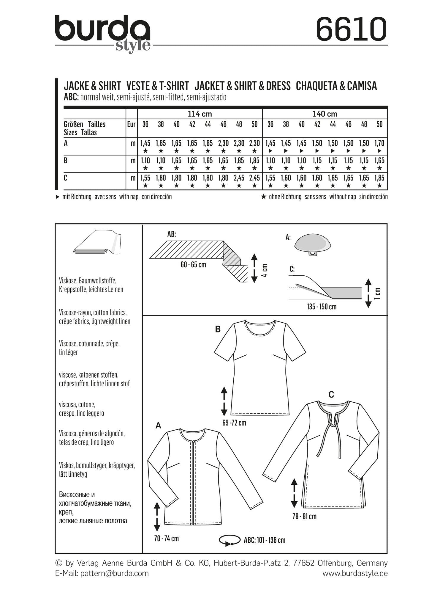 BD6610 Burda Style Pattern 6610 Jacket & Shirt from Jaycotts Sewing Supplies
