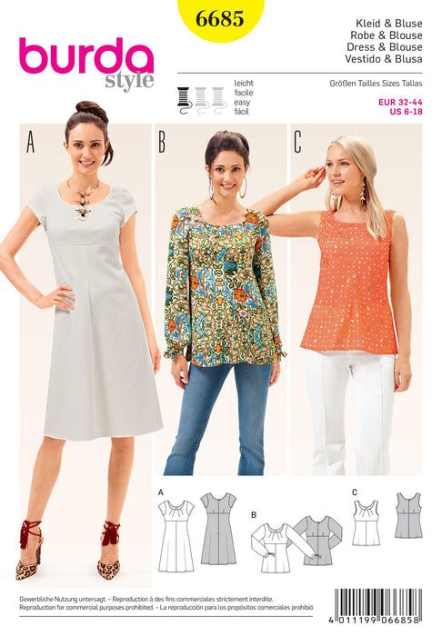 Burda BD6685 Women's Dress and Blouse Sewing Pattern from Jaycotts Sewing Supplies