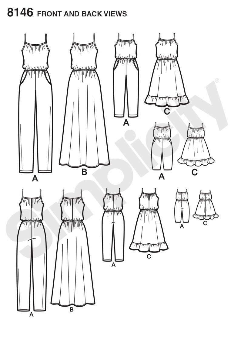 Simplicity Pattern 8146 pull on jumpsuits and dresses for miss, child, and 18" dolls from Jaycotts Sewing Supplies