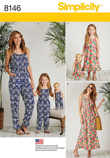 Simplicity Pattern 8146 pull on jumpsuits and dresses for miss, child, and 18" dolls from Jaycotts Sewing Supplies