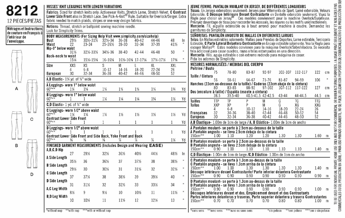 Simplicity Pattern 8212 Knit legging pattern from Jaycotts Sewing Supplies