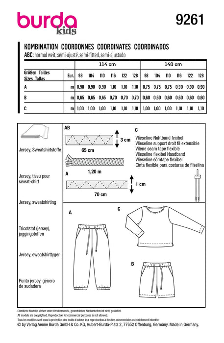 Burda Style Pattern 9261 Kids  Trousers and Top from Jaycotts Sewing Supplies