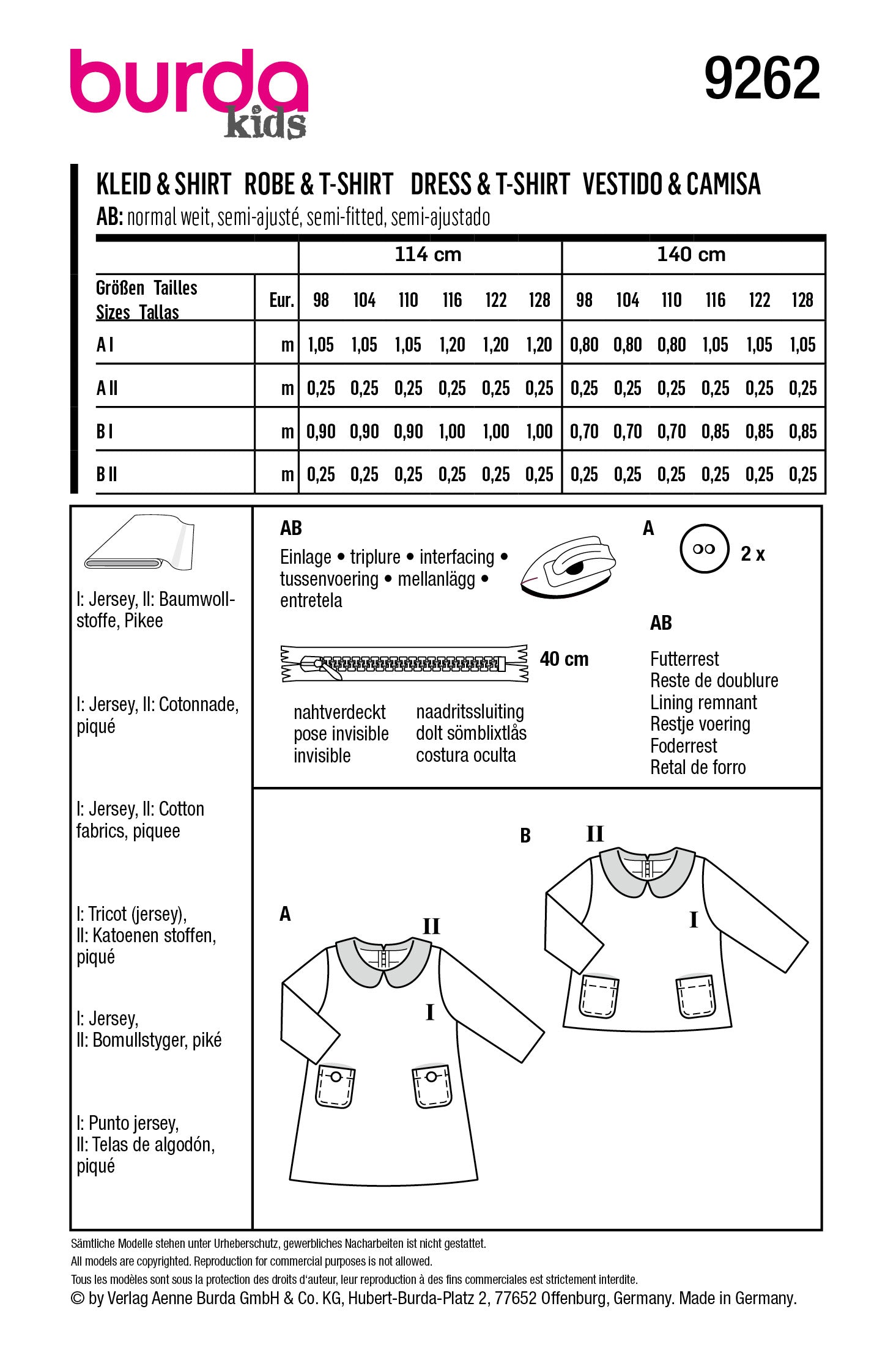 Burda Style Pattern 9262 Kids Dress from Jaycotts Sewing Supplies