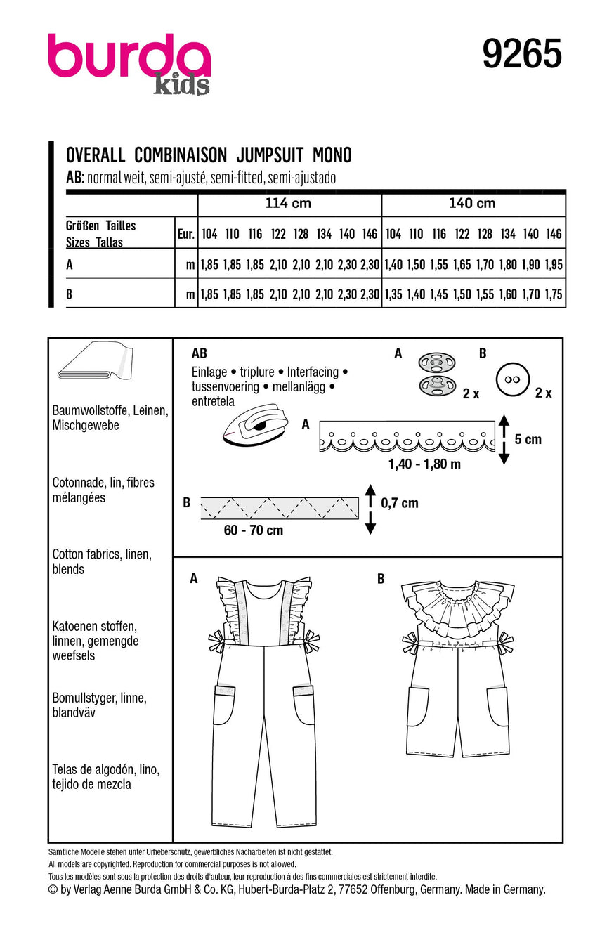 Burda Style Pattern 9265 Kids Overalls from Jaycotts Sewing Supplies
