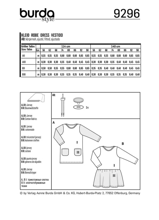 Burda Pattern 9296 Babies' Shirtdress with Pockets – 
Dress with Gathered Skirt from Jaycotts Sewing Supplies