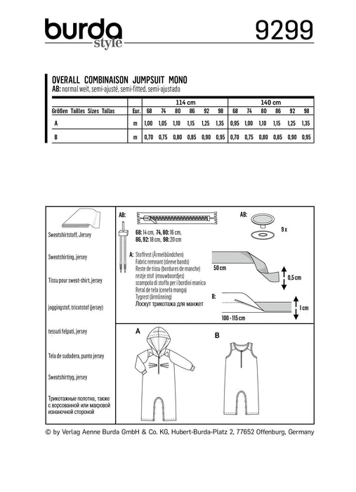 Burda Pattern 9299 Toddlers' Overalls / Babygro from Jaycotts Sewing Supplies