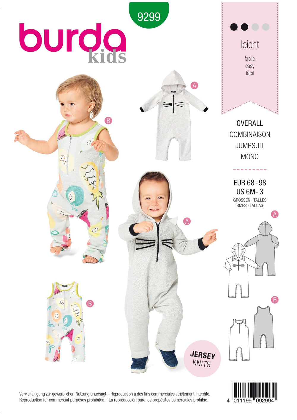 Burda Pattern 9299 Toddlers' Overalls / Babygro from Jaycotts Sewing Supplies
