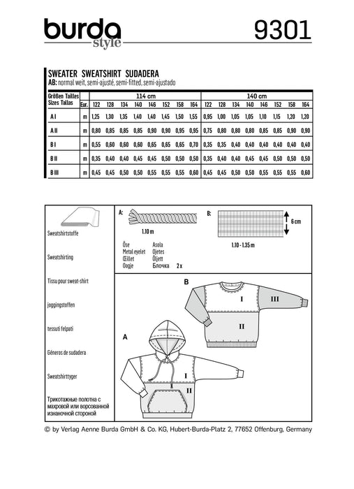 Burda Pattern 9301 Children's Sweater – Unisex Hoodie from Jaycotts Sewing Supplies