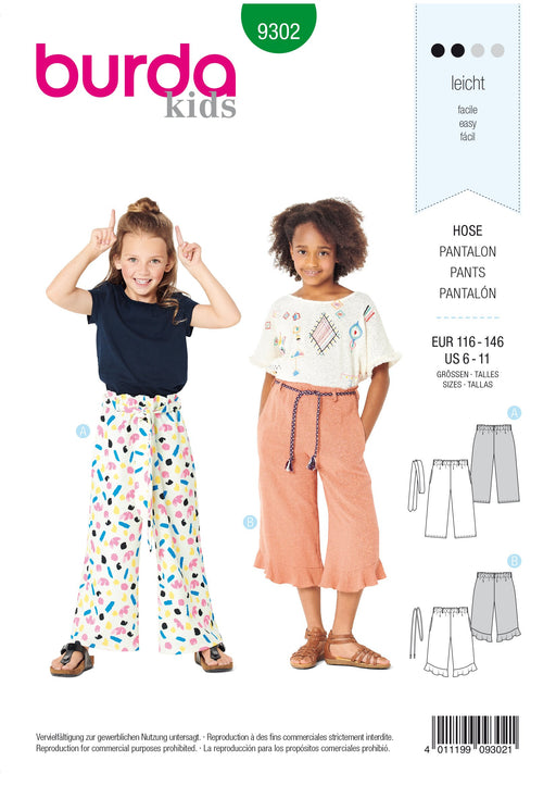 Burda Pattern 9302 Children's Pants with Elastic Waist – Culottes from Jaycotts Sewing Supplies