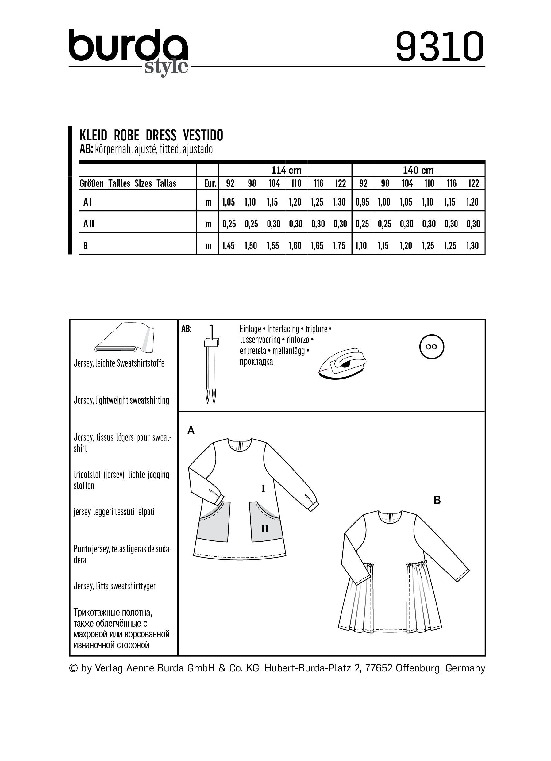 9310 Burda Sewing Pattern |  CHILD DRESS from Jaycotts Sewing Supplies