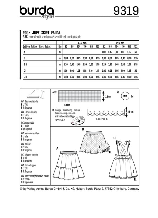 BD9319 Child's pinafore skirt sewing pattern from Jaycotts Sewing Supplies