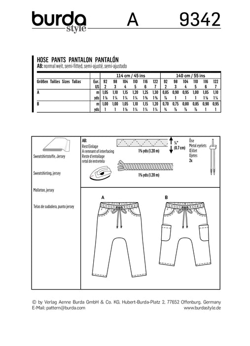 BD9342 Child's Elastic Waistband Trousers from Jaycotts Sewing Supplies