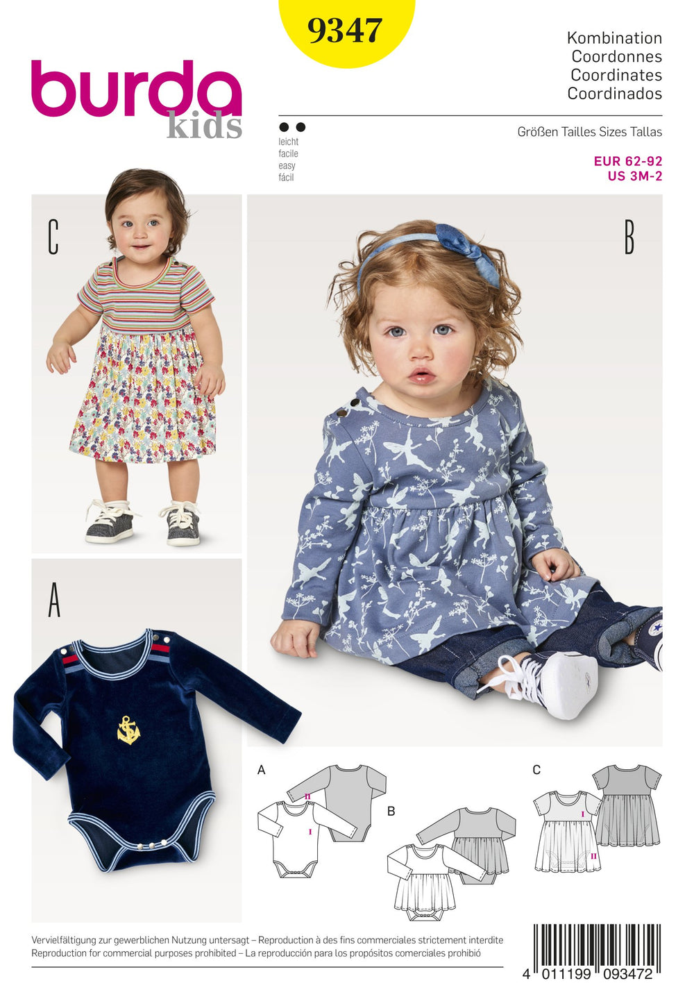BD9347 Baby's Dress and Bodysuit | Burda style pattern from Jaycotts Sewing Supplies
