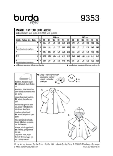 BD9353 Child's A-Line Coat | Burda style pattern from Jaycotts Sewing Supplies