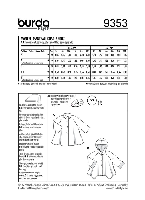 BD9353 Child's A-Line Coat | Burda style pattern from Jaycotts Sewing Supplies