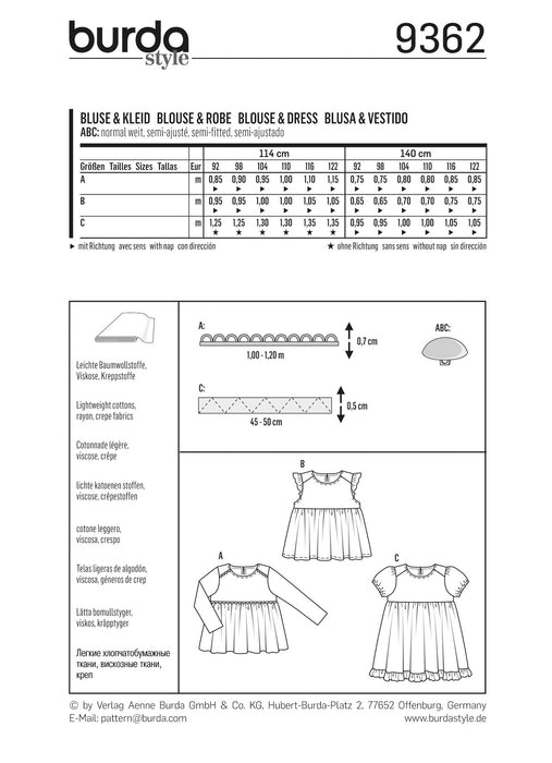 Burda Style Pattern BD9362 Child Dress, Blouse and Skirt from Jaycotts Sewing Supplies