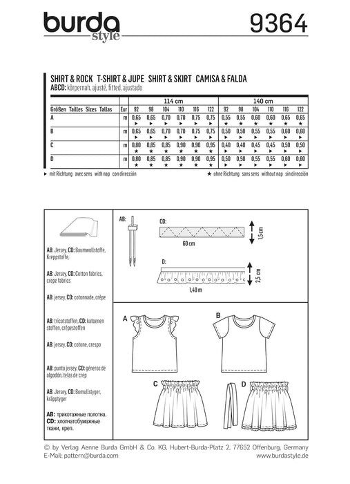 Burda Style Pattern BD9364 Child shirt and Elastic Skirt from Jaycotts Sewing Supplies