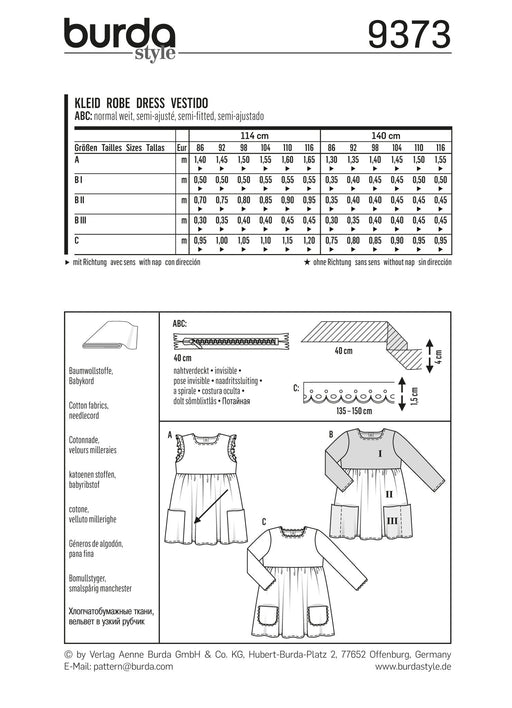 BD9373 Burda Style Pattern 9373 Childs Dress from Jaycotts Sewing Supplies