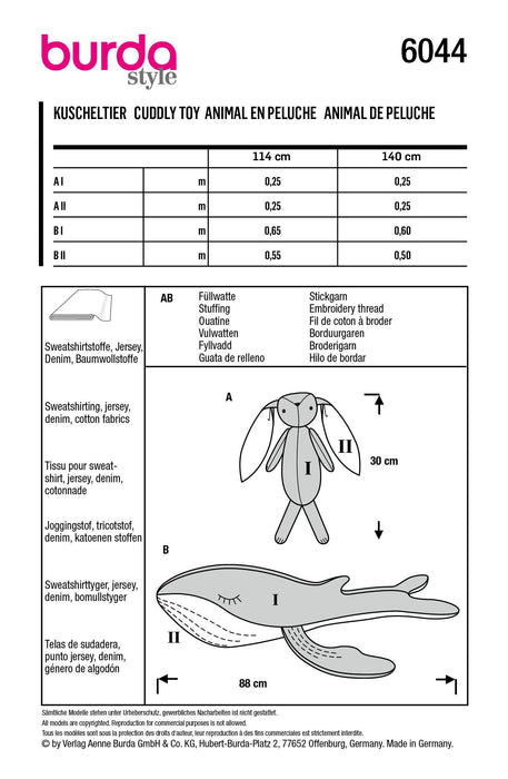 Burda Sewing Pattern 6044 Stuffed Animals - Bunny and Whale from Jaycotts Sewing Supplies