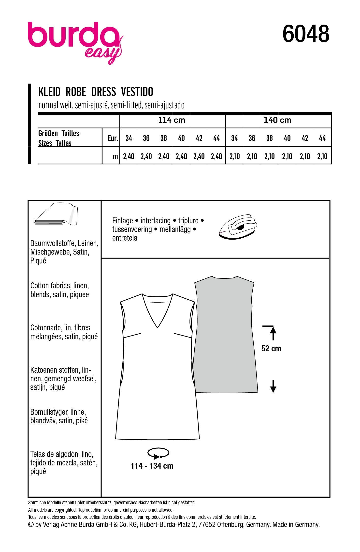 Burda Sewing Pattern 6048 Shift Dress with V-Neck from Jaycotts Sewing Supplies