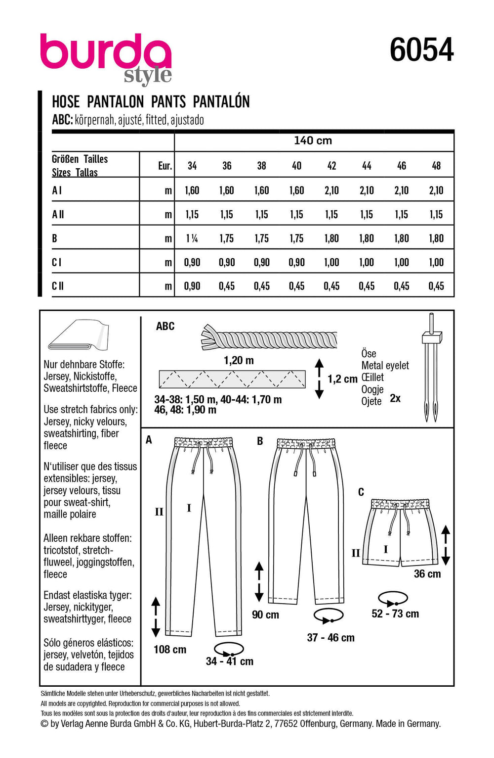 Burda Sewing Pattern 6054 Jogging Pants in Three Lengths from Jaycotts Sewing Supplies