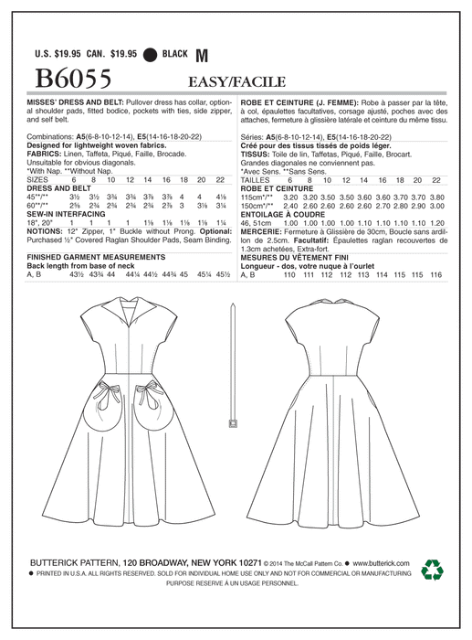 Butterick 6055 Dress and Belt Fifties Vintage pattern from Jaycotts Sewing Supplies