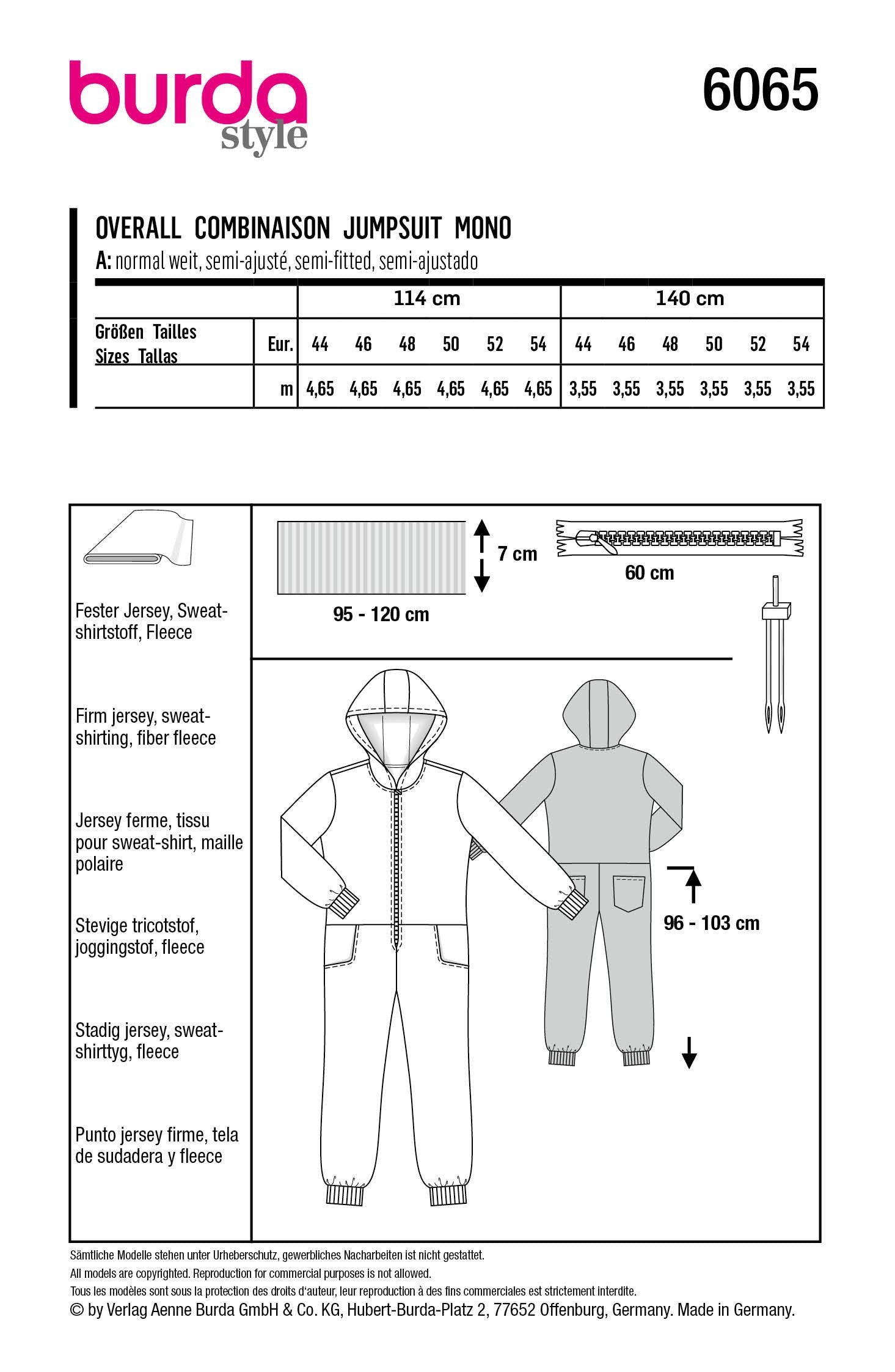 Burda Sewing Pattern 6065 Men's Overalls with Hood from Jaycotts Sewing Supplies