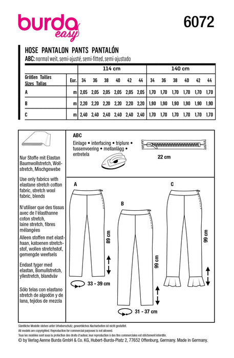 Burda Sewing Pattern 6072 Narrow Cut Trousers and Pants from Jaycotts Sewing Supplies