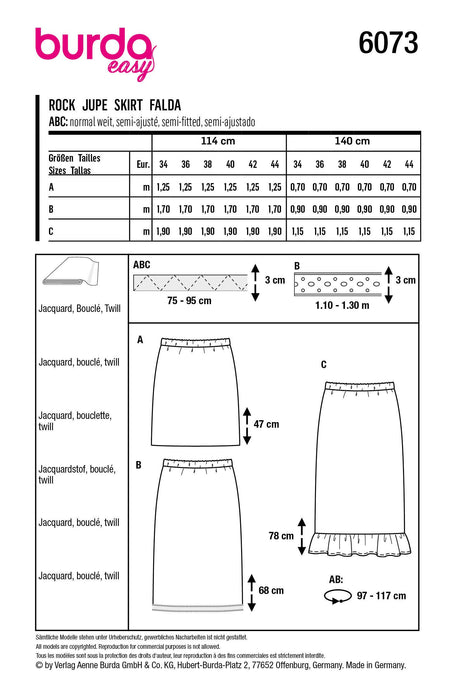 Burda Sewing Pattern 6073 Skirt in Three Lengths from Jaycotts Sewing Supplies