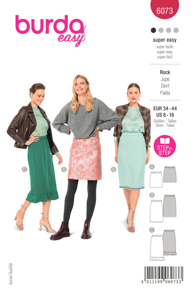 Burda Sewing Pattern 6073 Skirt in Three Lengths from Jaycotts Sewing Supplies