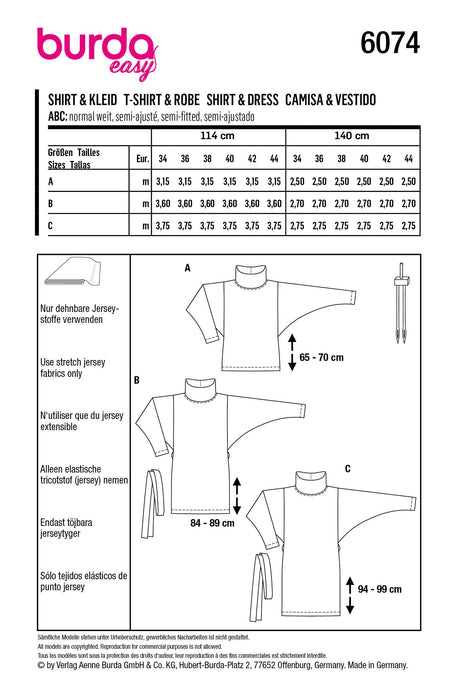 Burda 6074 Top, Dress Pattern from Jaycotts Sewing Supplies