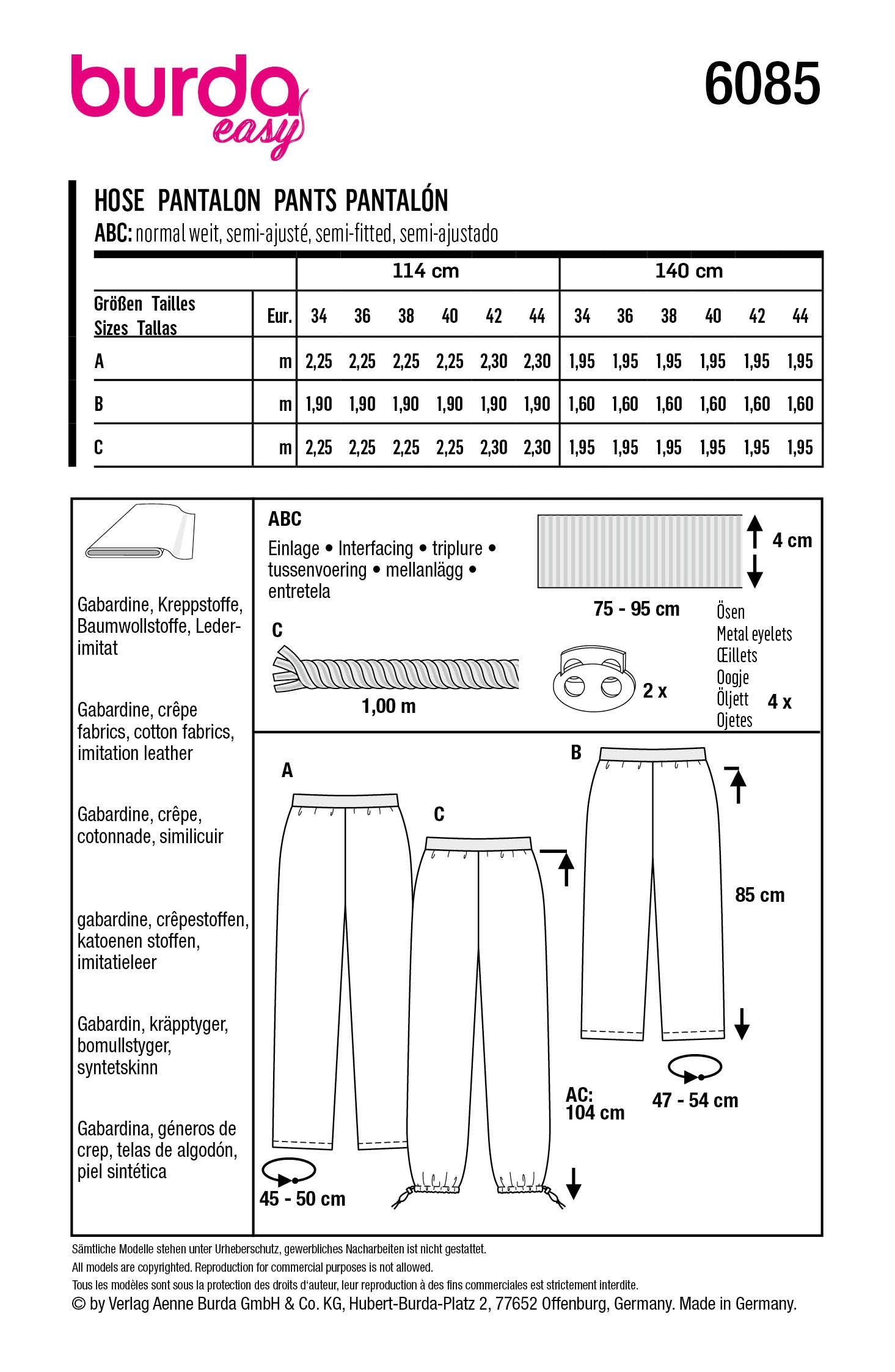 Burda Sewing Pattern 6085 Straight Leg Trousers from Jaycotts Sewing Supplies