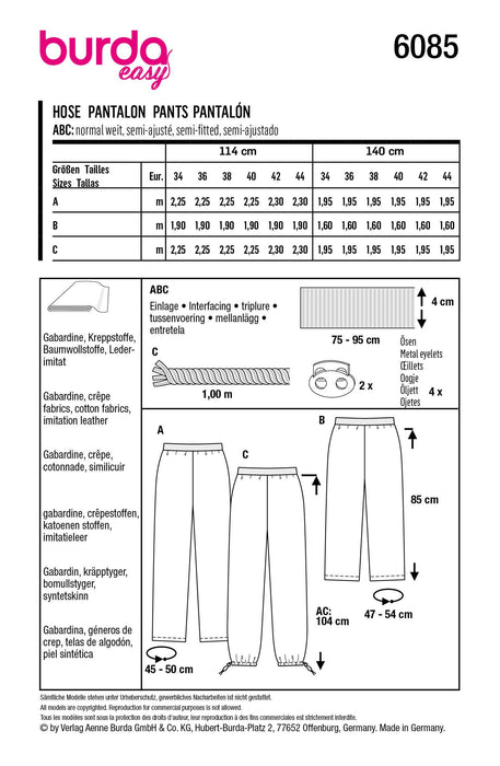 Burda Sewing Pattern 6085 Straight Leg Trousers from Jaycotts Sewing Supplies