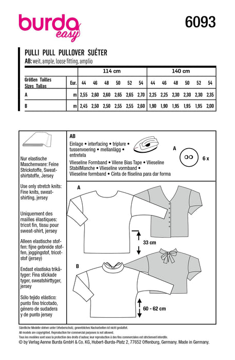 Burda Sewing Pattern 6093 Pullover from Jaycotts Sewing Supplies