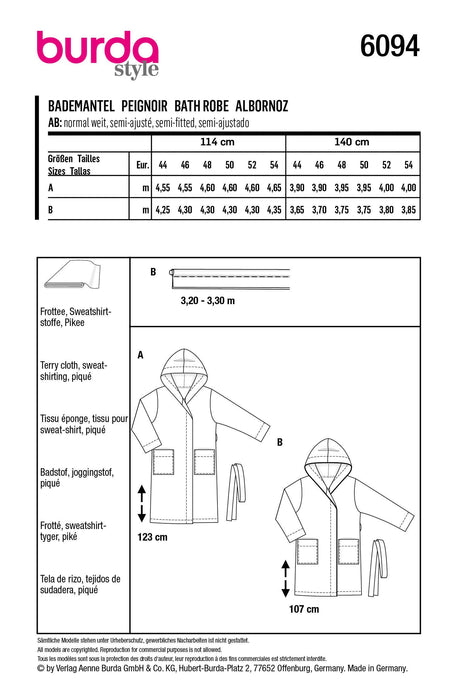 Burda Sewing Pattern 6094 Bathrobe with Hood from Jaycotts Sewing Supplies