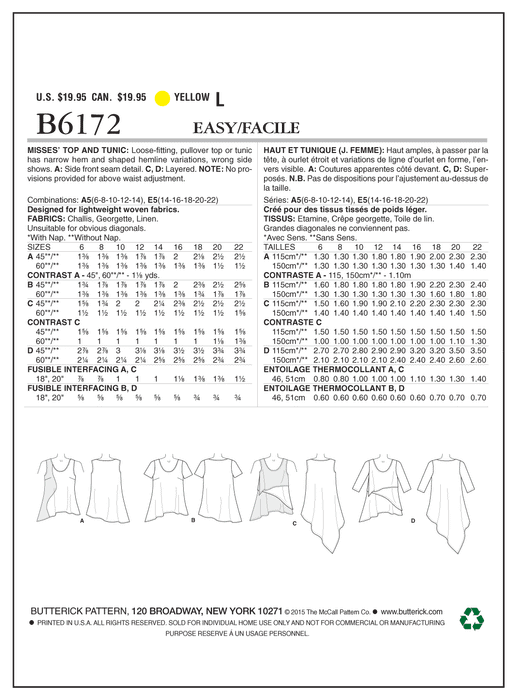 B6172 Misses' Top & Tunic from Jaycotts Sewing Supplies