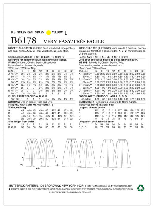 B6178 Misses' Culottes from Jaycotts Sewing Supplies