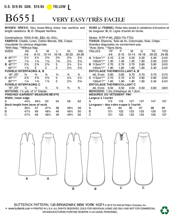 B6551 Loose fitting dress pattern from Jaycotts Sewing Supplies