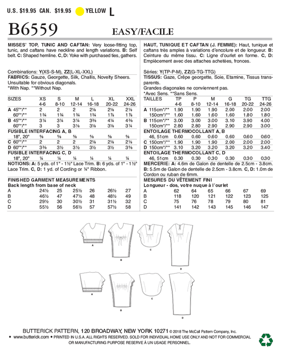 B6559 Misses' Top, Tunic and Caftan from Jaycotts Sewing Supplies