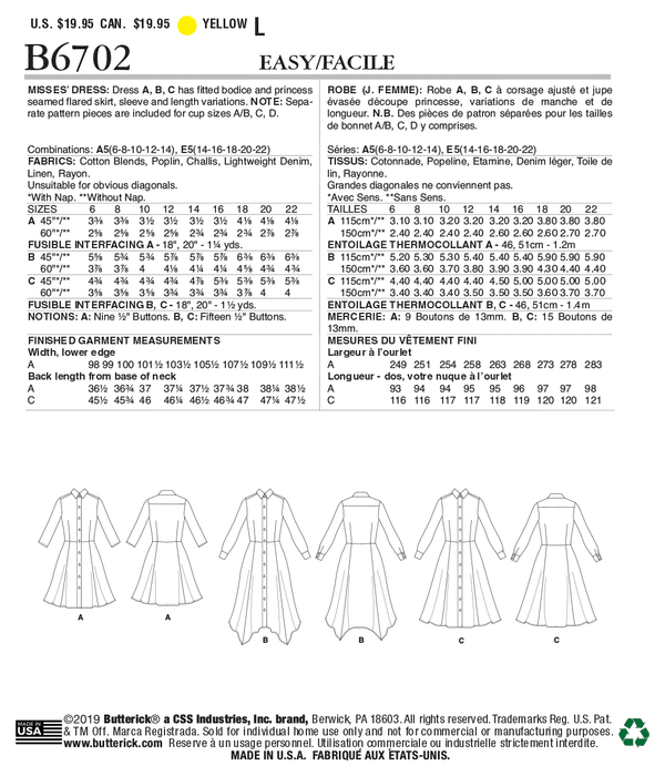 Butterick Sewing Pattern 6702  Dress from Jaycotts Sewing Supplies