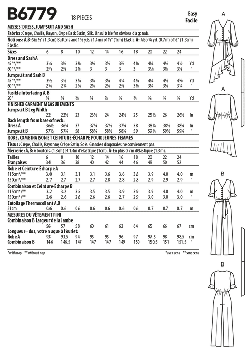 Butterick 6779 Misses' Dress, Jumpsuit and Sash sewing pattern from Jaycotts Sewing Supplies