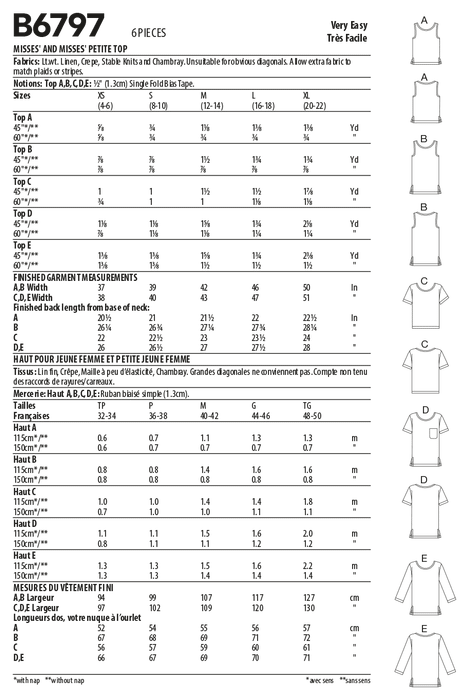 Butterick 6797 Misses' and Petite Scoop-neck Tops sewing pattern from Jaycotts Sewing Supplies